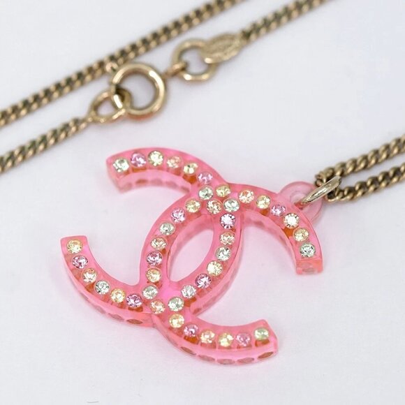 CHANEL CC Logos Rhinestone Pink Lucite Necklace 23" Gold Tone 04A Auth w/Box - Picture 1 of 7